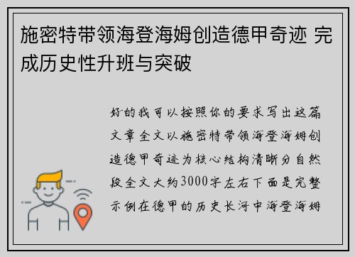 施密特带领海登海姆创造德甲奇迹 完成历史性升班与突破