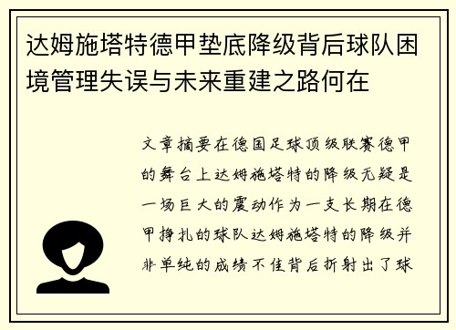 达姆施塔特德甲垫底降级背后球队困境管理失误与未来重建之路何在 达姆施塔特德甲垫底降级背后球队困境管理失误与未来重建之路何在